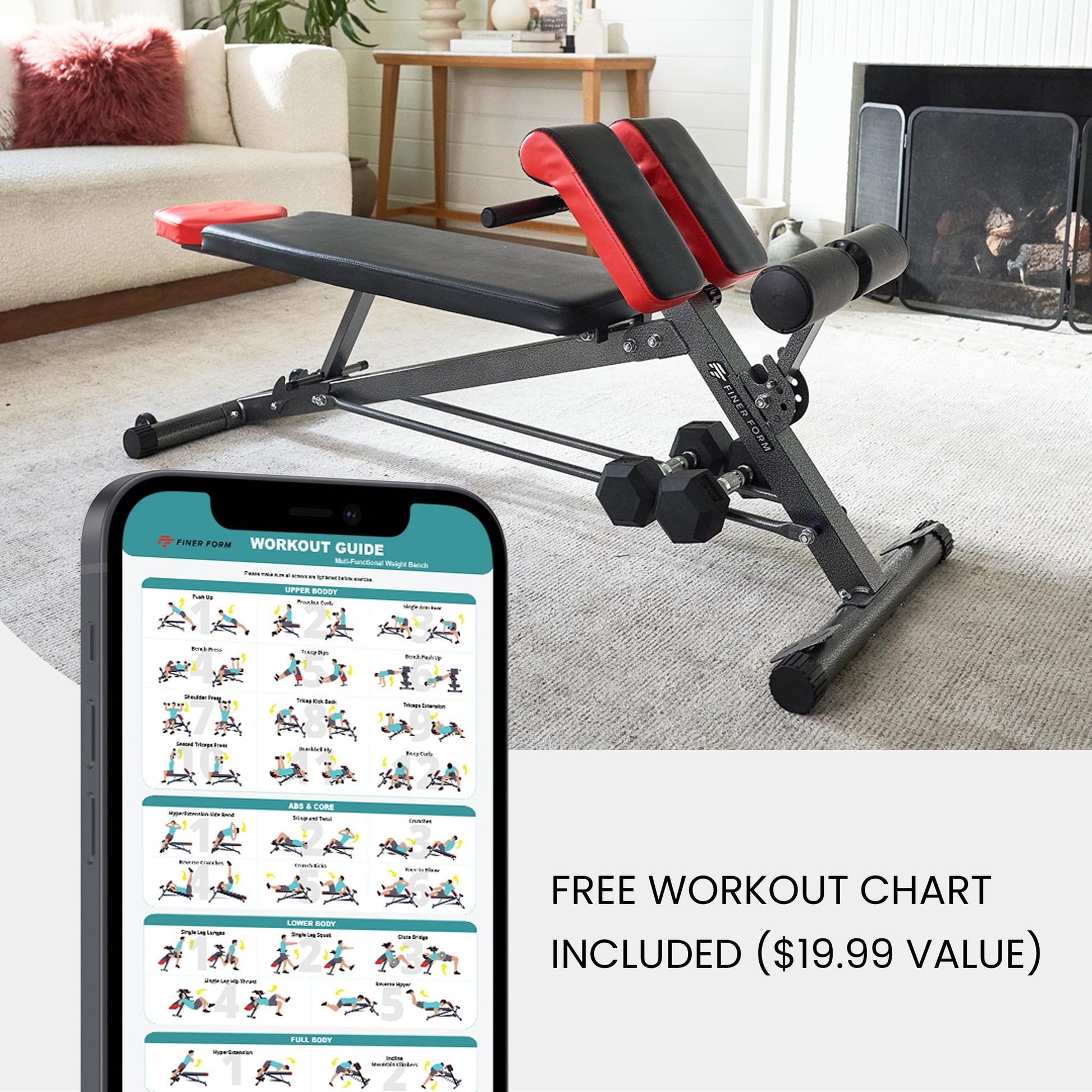 Finer Form Multi-Functional Adjustable Workout Bench displayed with a smartphone showcasing the free $19.99 value exercise chart app guide featuring upper body, core, lower body, and full-body workout routines.