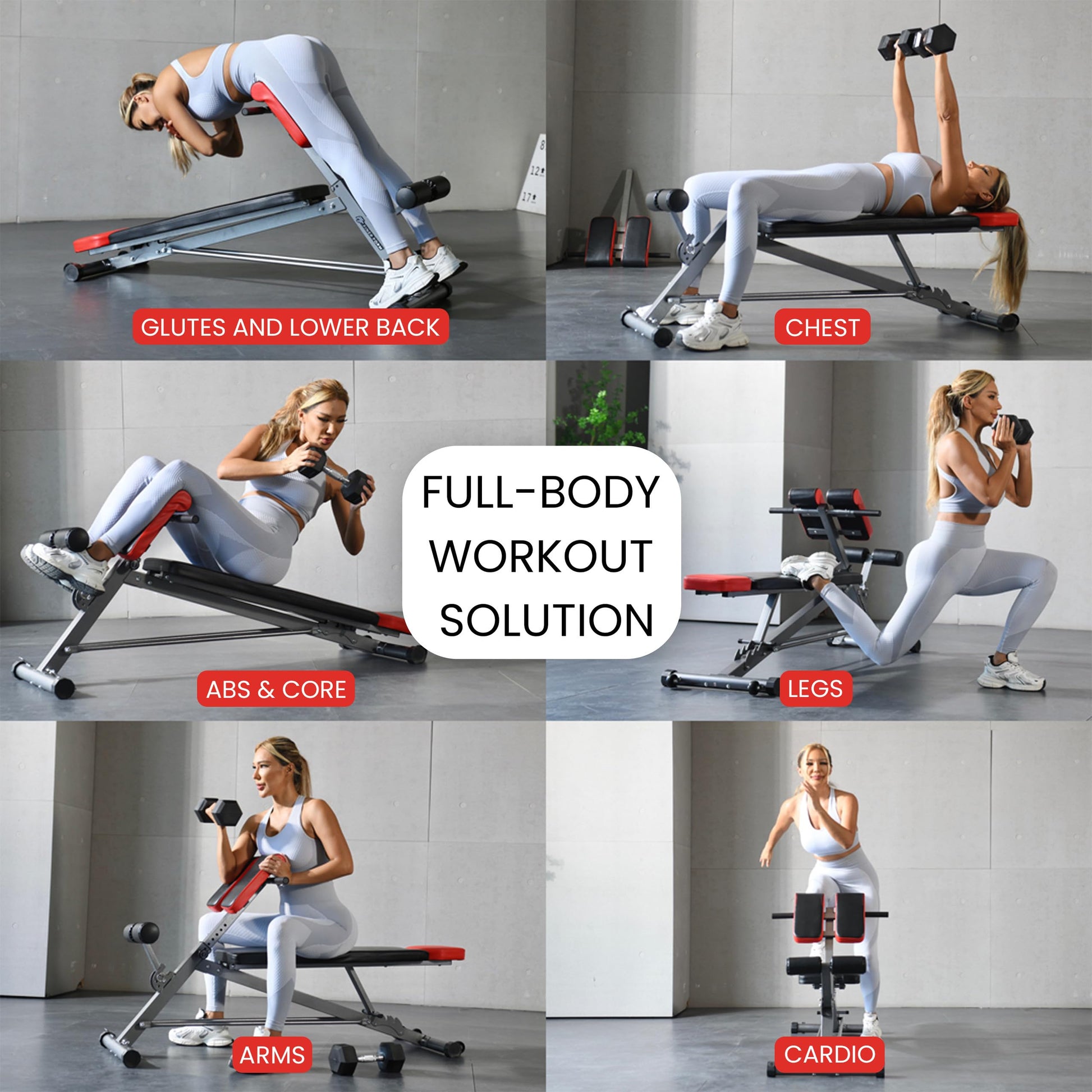 Woman using a multi-gym with various exercises labeled for different body parts, including glutes, lower back, chest, abs, core, legs, arms, and cardio.