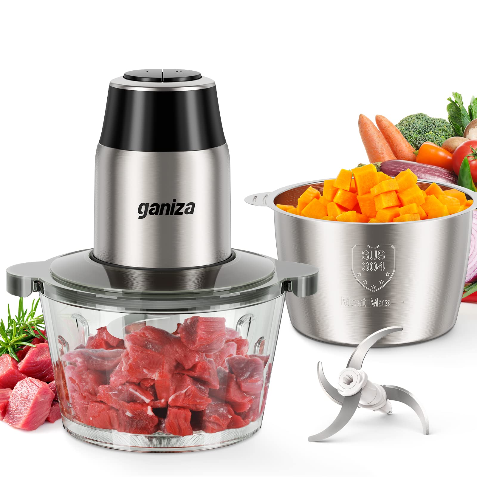 Ganiza 450W Electric Food Processor with glass bowl, stainless steel bowl, and dual blades