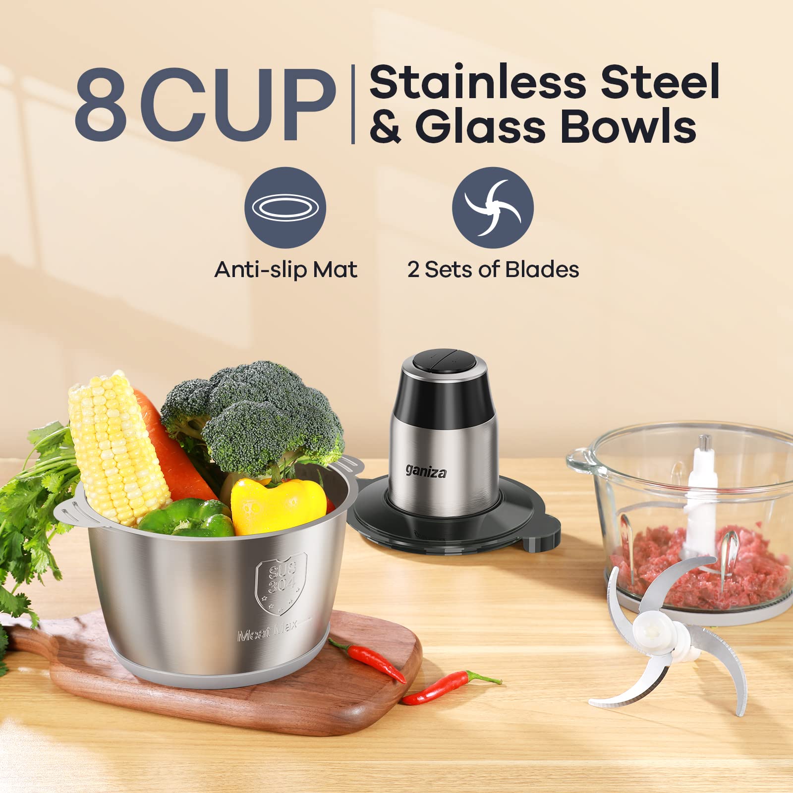 Ganiza food processor with 8-cup glass bowl and 8-cup stainless steel bowl for separate meal prep