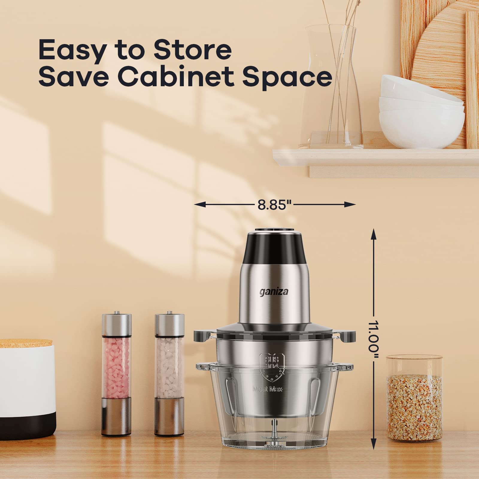 Ganiza food processor showing compact dimensions and easy storage to save cabinet space in the kitchen