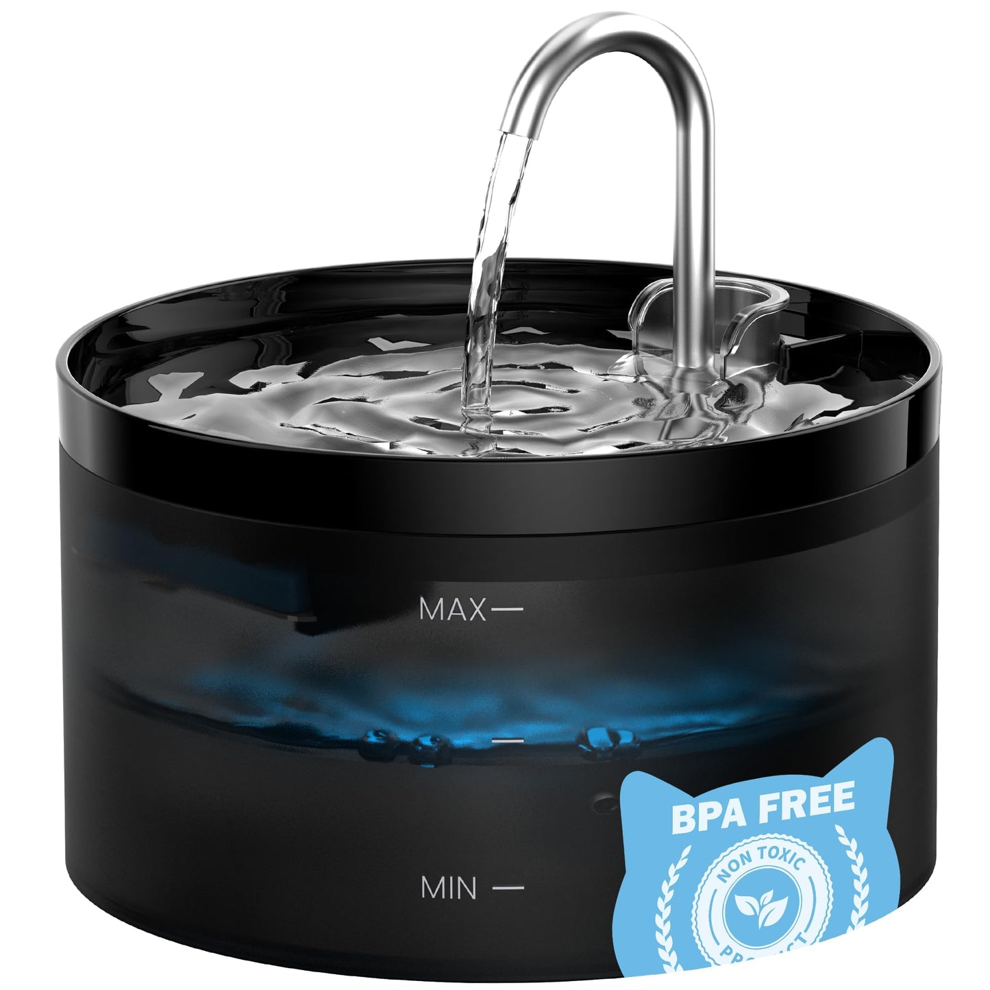 Black pet water fountain with water flowing, labeled 'BPA FREE' on a white background