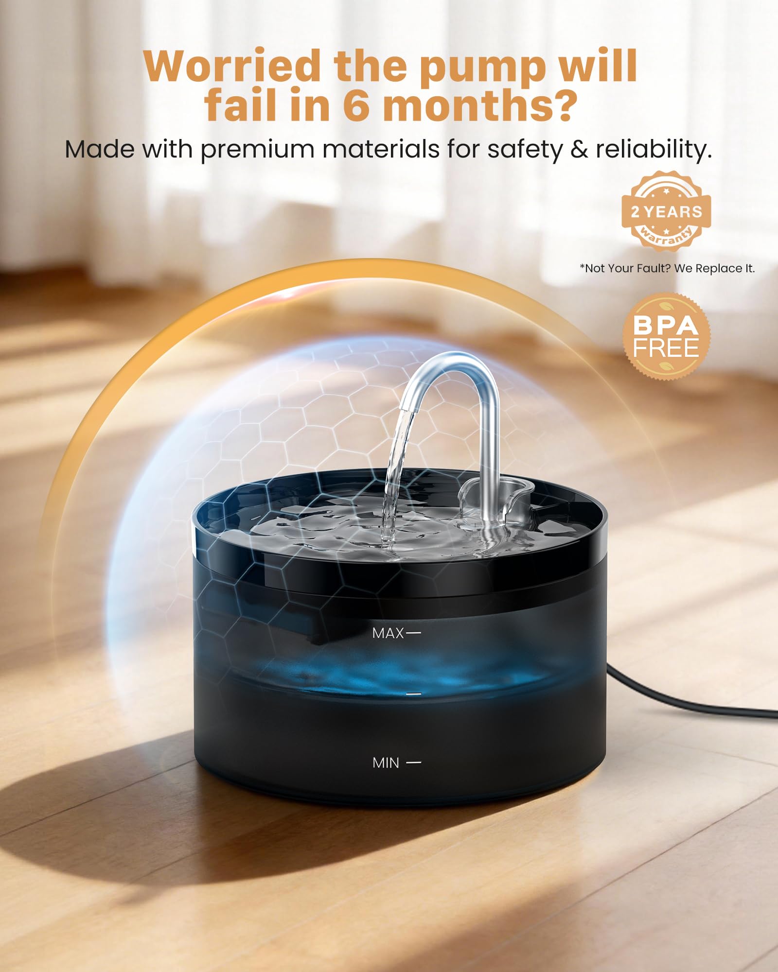 GIOTOHUN 2L black cat water fountain showing 2-year pump warranty and safe BPA-free materials