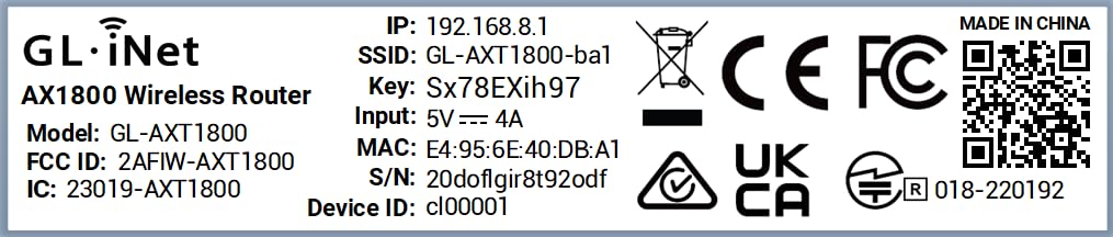 Label of a GL.iNet AX1800 Wireless Router with various certification logos and technical details