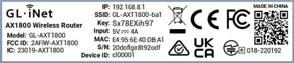Label of a GL.iNet AX1800 Wireless Router with various certification logos and technical details