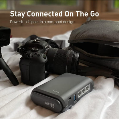GL.iNet Slate AX travel router displayed in a compact travel setup with a camera on a bed showing text Stay Connected On The Go