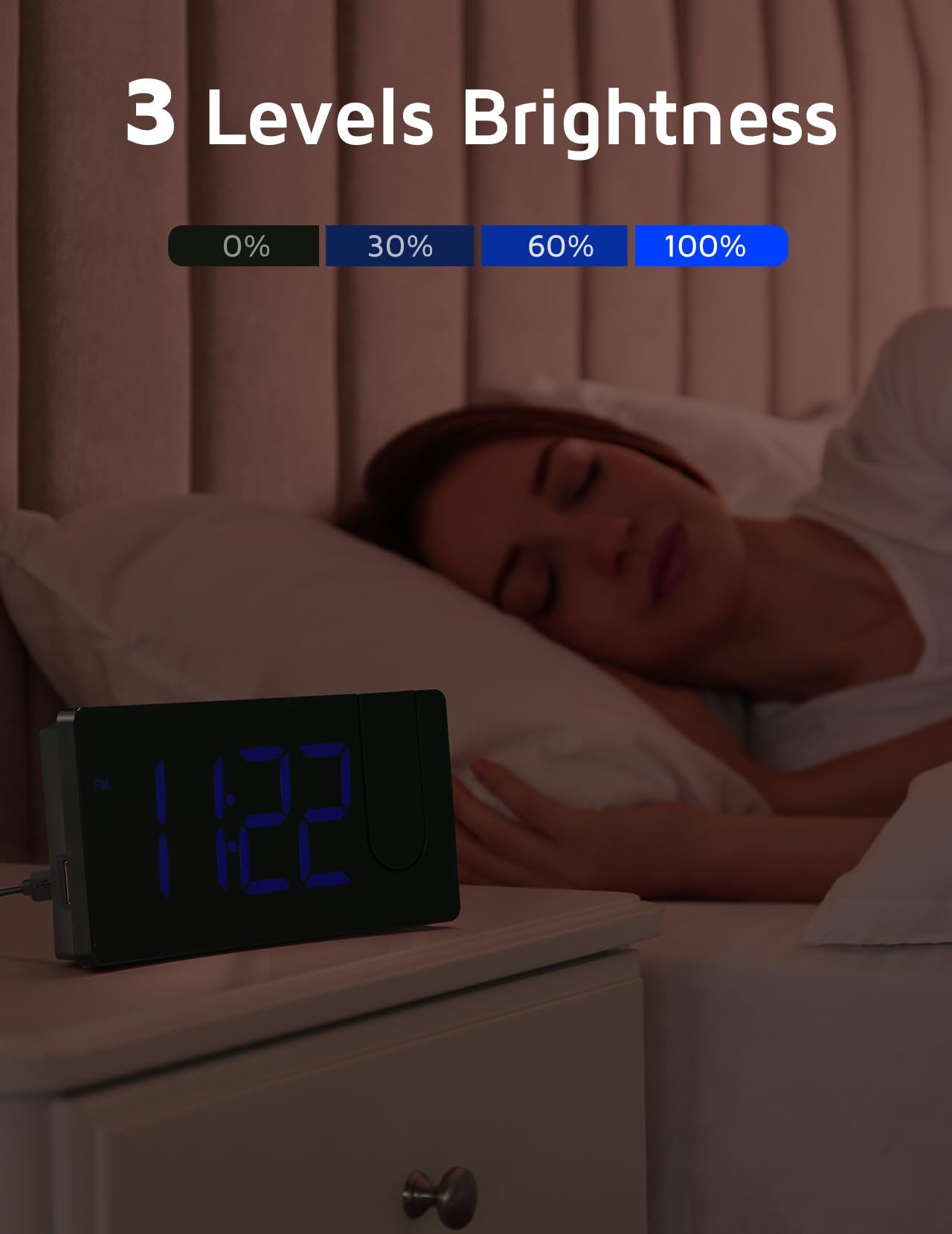 3 Levels Brightness screen display with a person sleeping in bed and time projection on the background