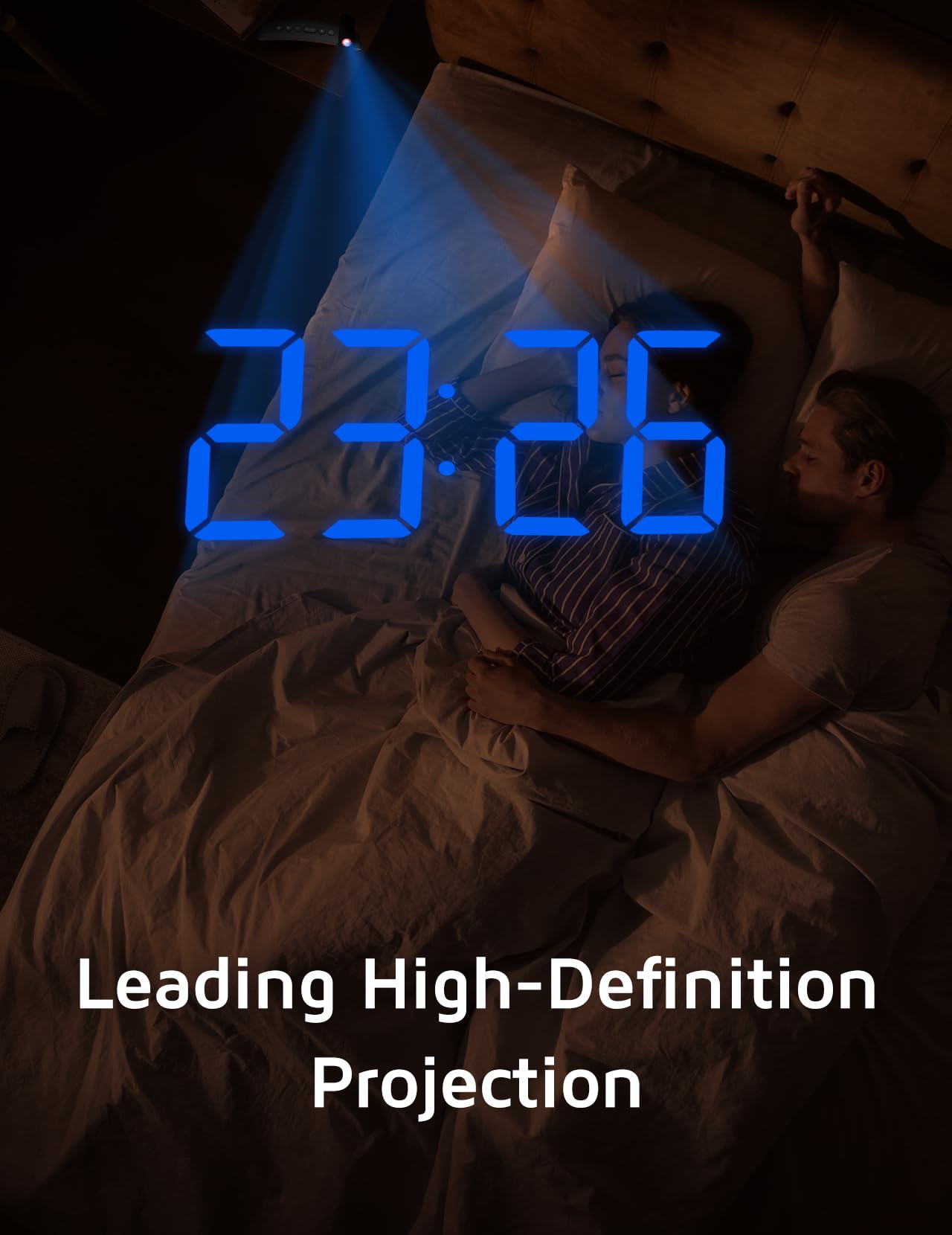 Person lying in bed with digital clock projection on ceiling, text 'Leading High-Definition Projection' at bottom.