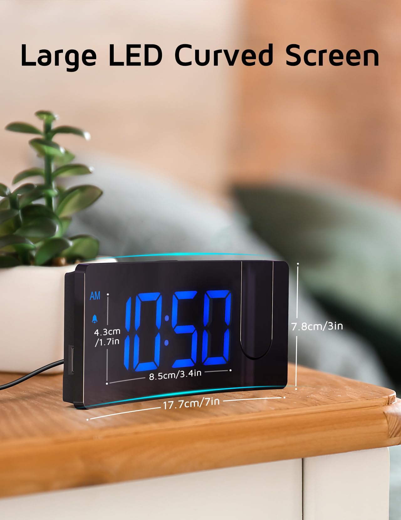 GOLOZA projection alarm clock displaying large blue LED curved screen with size dimensions of 17.7cm by 7.8cm and 8.5cm by 4.3cm screen.