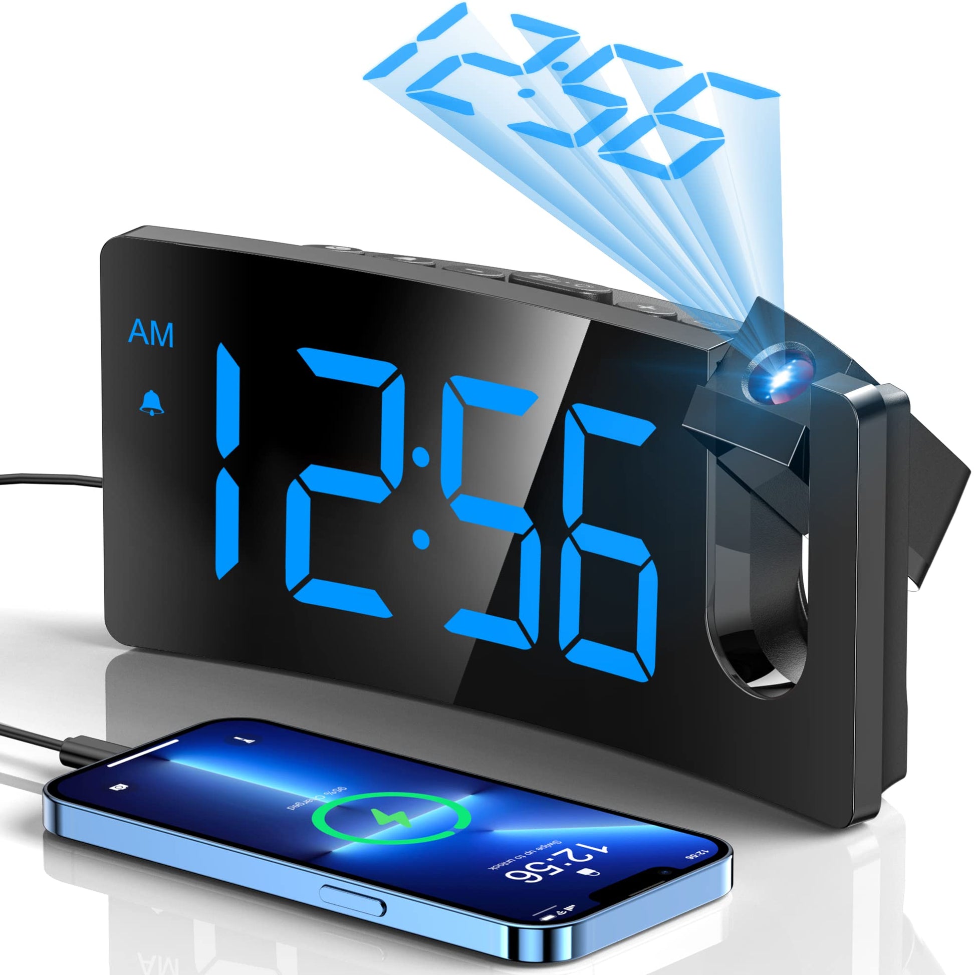 Black digital projection alarm clock with large blue LED display and smartphone charging via USB