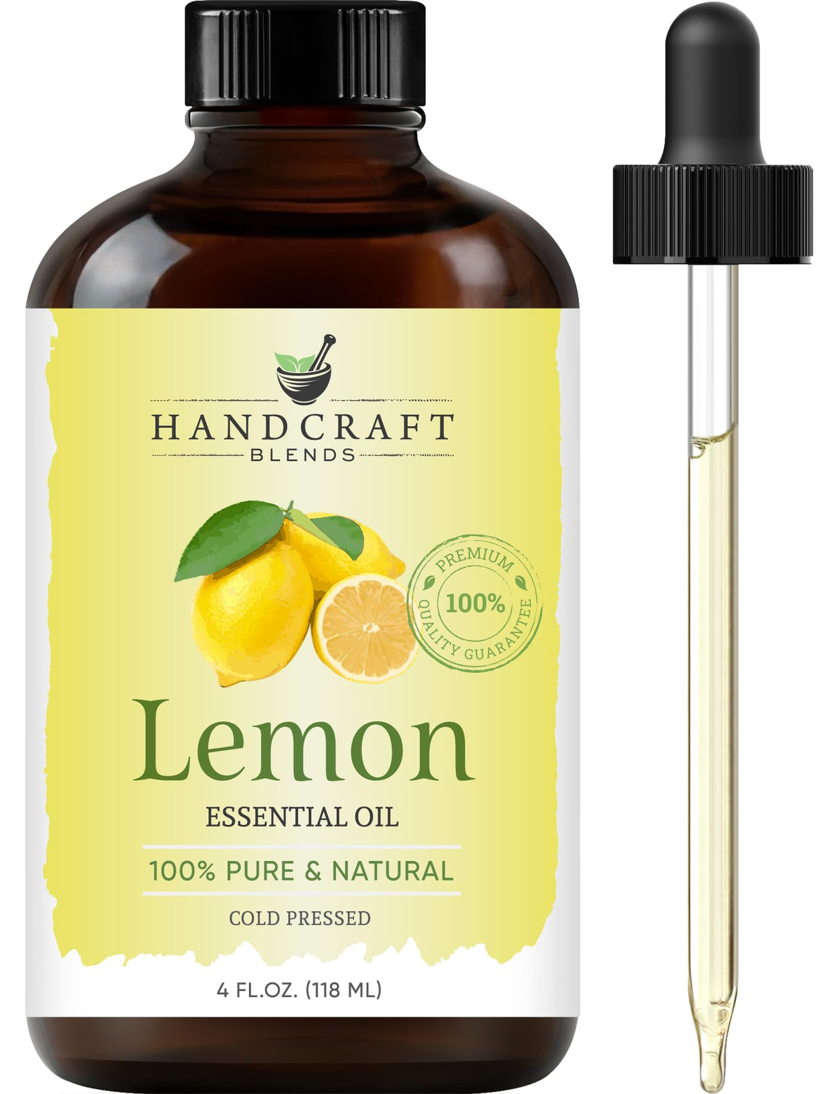 Handcraft Blends Lemon Essential Oil in a dark amber glass bottle with a yellow label showing lemons and a glass dropper.