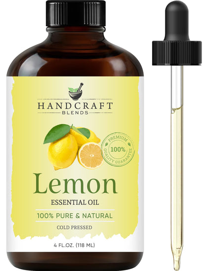 Handcraft Blends Lemon Essential Oil in a dark amber glass bottle with a yellow label showing lemons and a glass dropper.