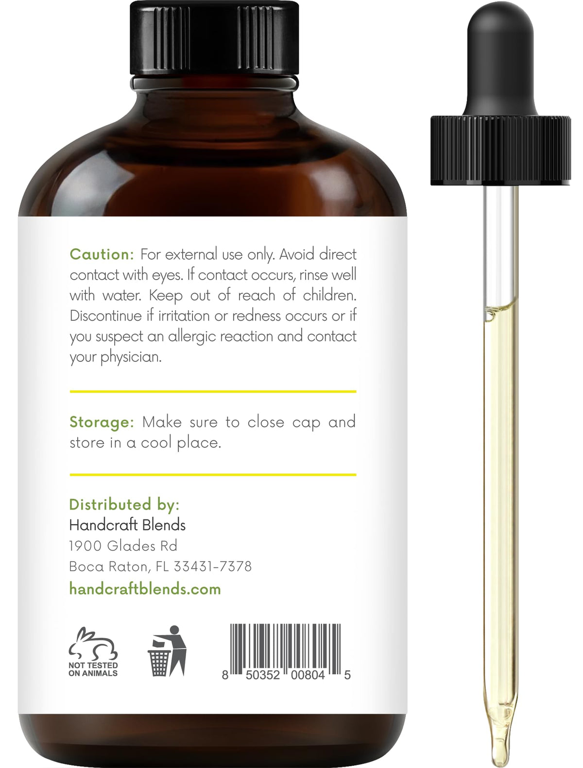 Back label of Handcraft Blends Lemon Essential Oil in an amber glass bottle displaying safety cautions, storage instructions, and distributor details. A glass dropper is placed alongside.