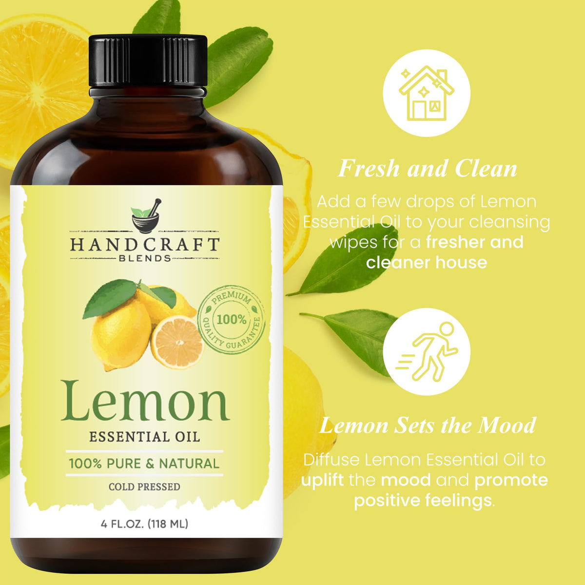 Handcraft Blends Lemon Essential Oil bottle alongside a yellow infographic overlay detailing its fresh and clean home uses and mood-uplifting benefits.