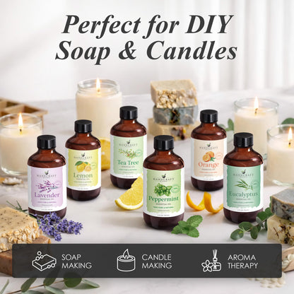 Handcraft Blends Lemon Essential Oil bottle surrounded by various essential oil bottles, candles, and soap-making ingredients with an overlay text reading 'Perfect for DIY Soap & Candles'.