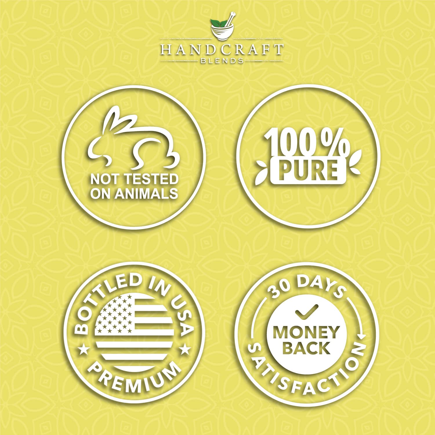 Handcraft Blends quality and trust badges showing 'Not Tested on Animals', '100% Pure', 'Bottled in USA Premium', and '30 Days Money Back Satisfaction' over a patterned yellow background.