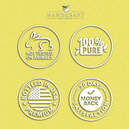 Handcraft Blends quality and trust badges showing 'Not Tested on Animals', '100% Pure', 'Bottled in USA Premium', and '30 Days Money Back Satisfaction' over a patterned yellow background.