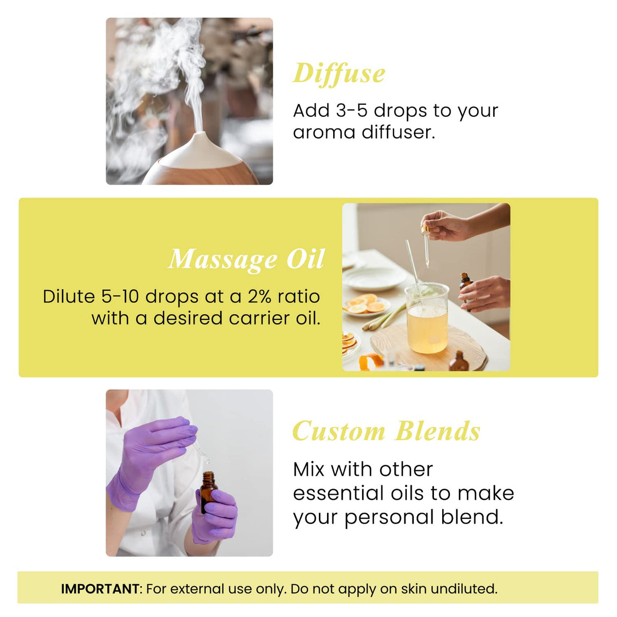 Instructional graphic for Handcraft Blends Lemon Essential Oil detailing how to use it for diffusers, massage oils, and custom blends with safety warnings.