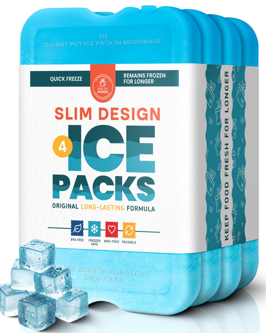 Set of 4 slim rectangular blue ice packs by Healthy Packers stacked together
