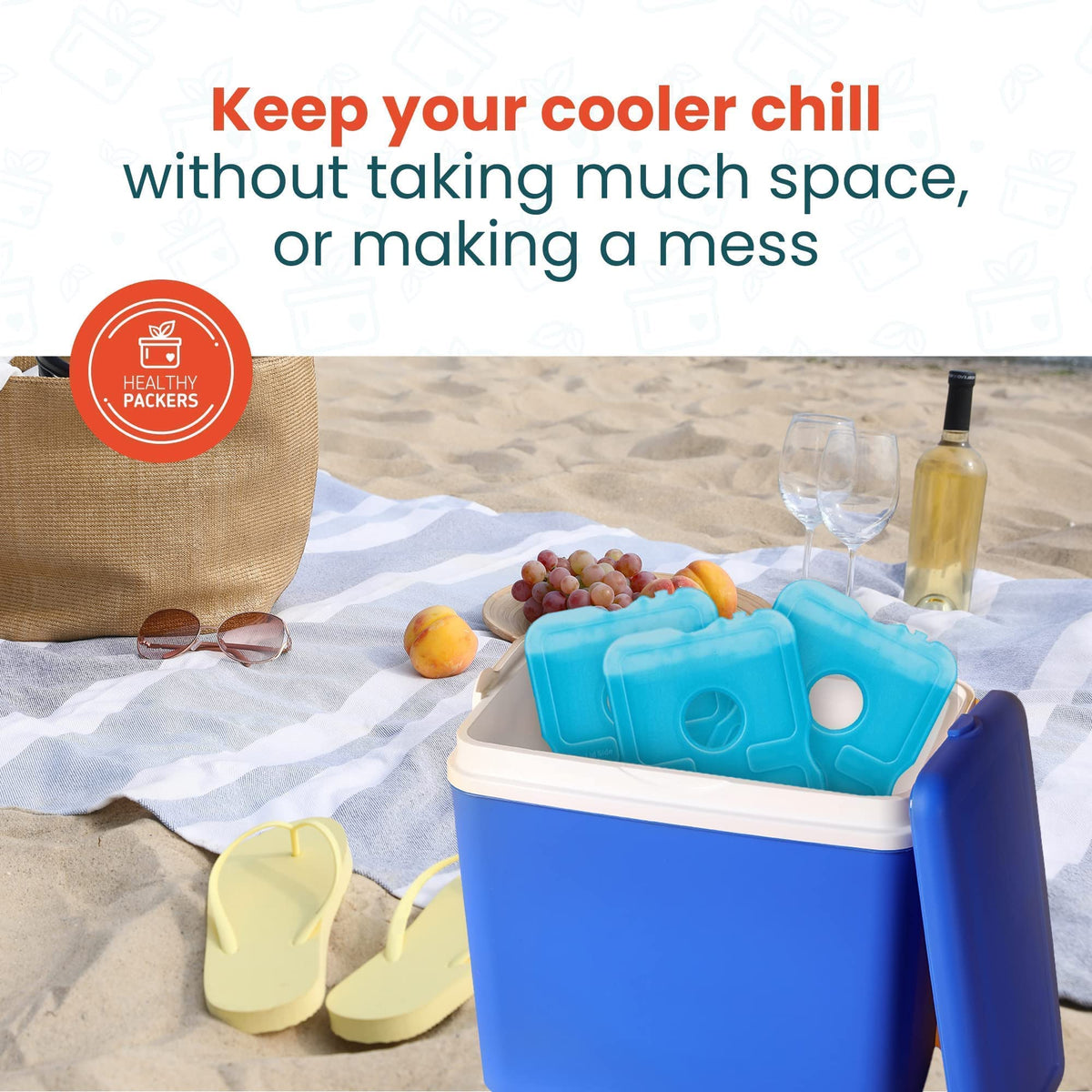 Blue cooler on a beach blanket filled with ice packs and food, next to a beach bag, sunglasses, and sandals, with text reading 'Keep your cooler chill without taking much space, or making a mess'