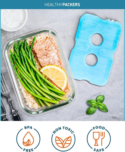 Healthy Packers blue ice pack next to a glass bento box with salmon and asparagus, alongside BPA free, non toxic, and food safe icons