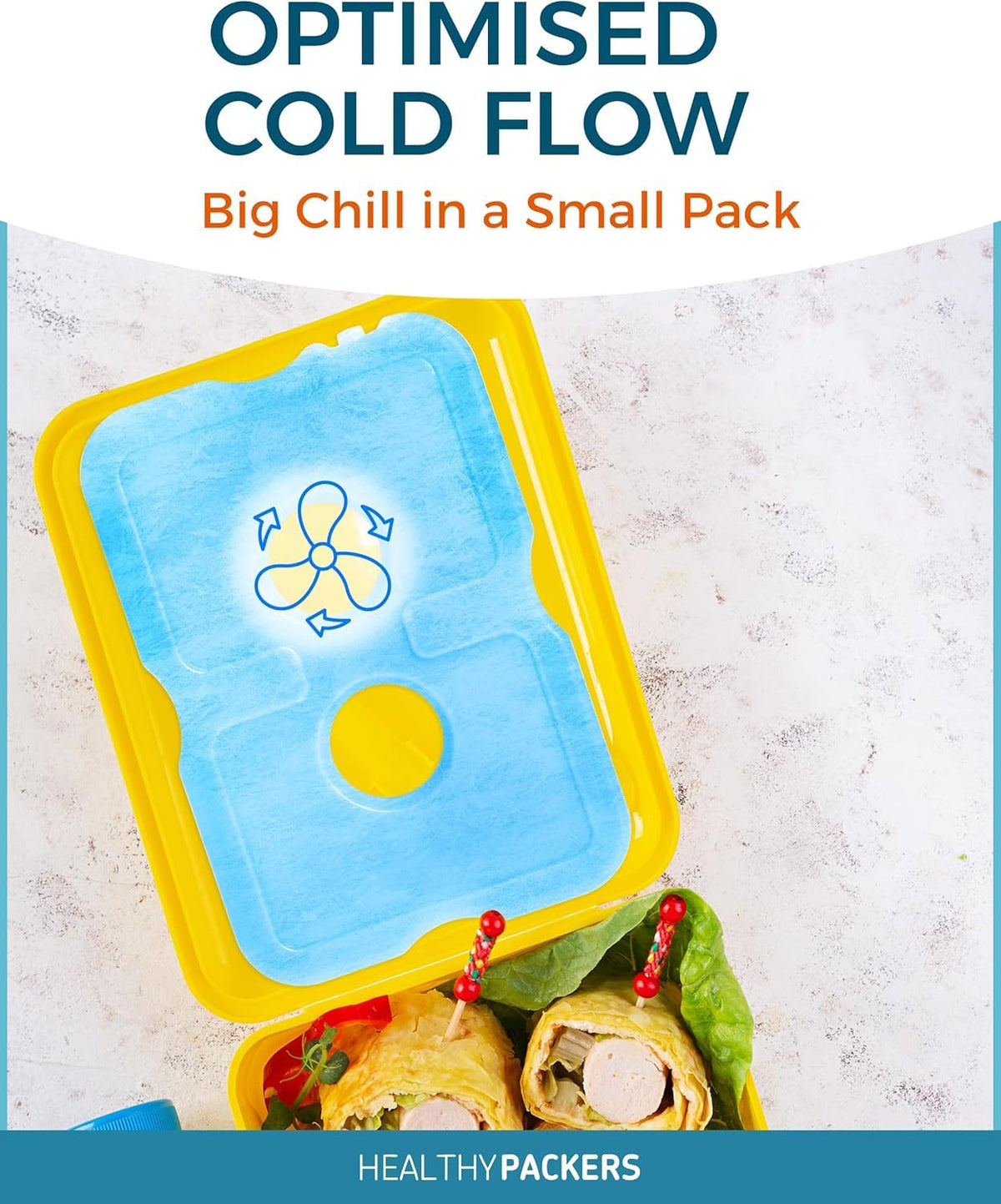 Cold pack for food packaging with 'Healthy Packers' branding on a light background, featuring an optimized cold flow bento box design
