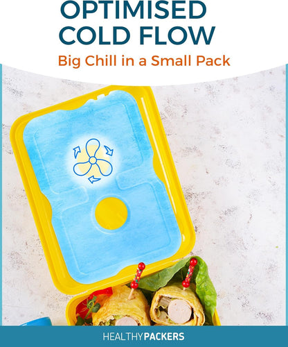 Cold pack for food packaging with 'Healthy Packers' branding on a light background, featuring an optimized cold flow bento box design