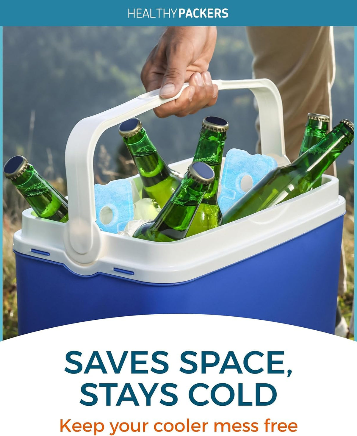 Blue and white portable cooler filled with green glass bottles outdoors, held by a hand with marketing text 'Saves space, stays cold - Keep your cooler mess free'