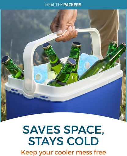 Blue and white portable cooler filled with green glass bottles outdoors, held by a hand with marketing text 'Saves space, stays cold - Keep your cooler mess free'