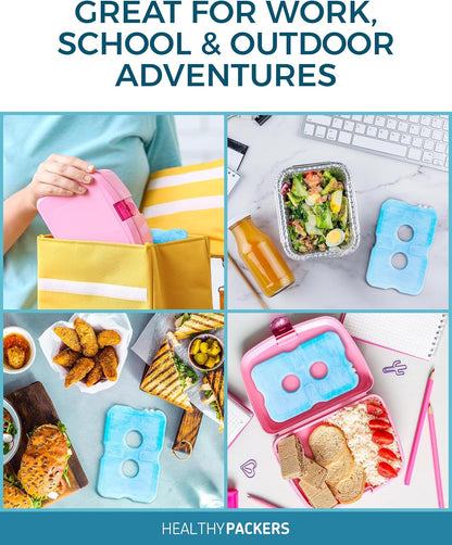 Four-panel image showing Healthy Packers ice packs in use for work, school lunches, bento boxes, and outdoor adventures