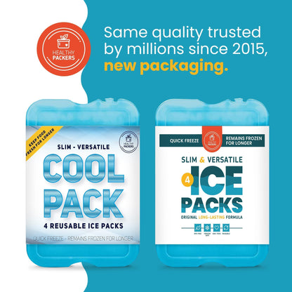 Marketing banner showing two light blue Healthy Packers ice packs with the text 'Same quality trusted by millions since 2015, new packaging' and features like quick freeze and long-lasting formula