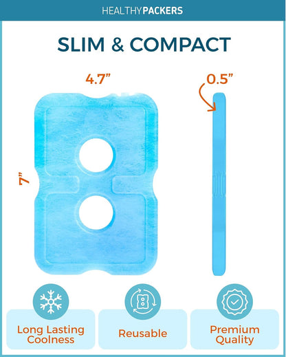 Slim design ice pack by Healthy Packers showing dimensions 7 by 4.7 by 0.5 inches with icons for long lasting coolness, reusable, and premium quality