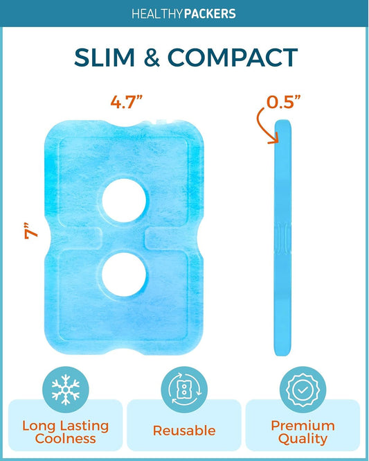 Slim design ice pack by Healthy Packers showing dimensions 7 by 4.7 by 0.5 inches with icons for long lasting coolness, reusable, and premium quality