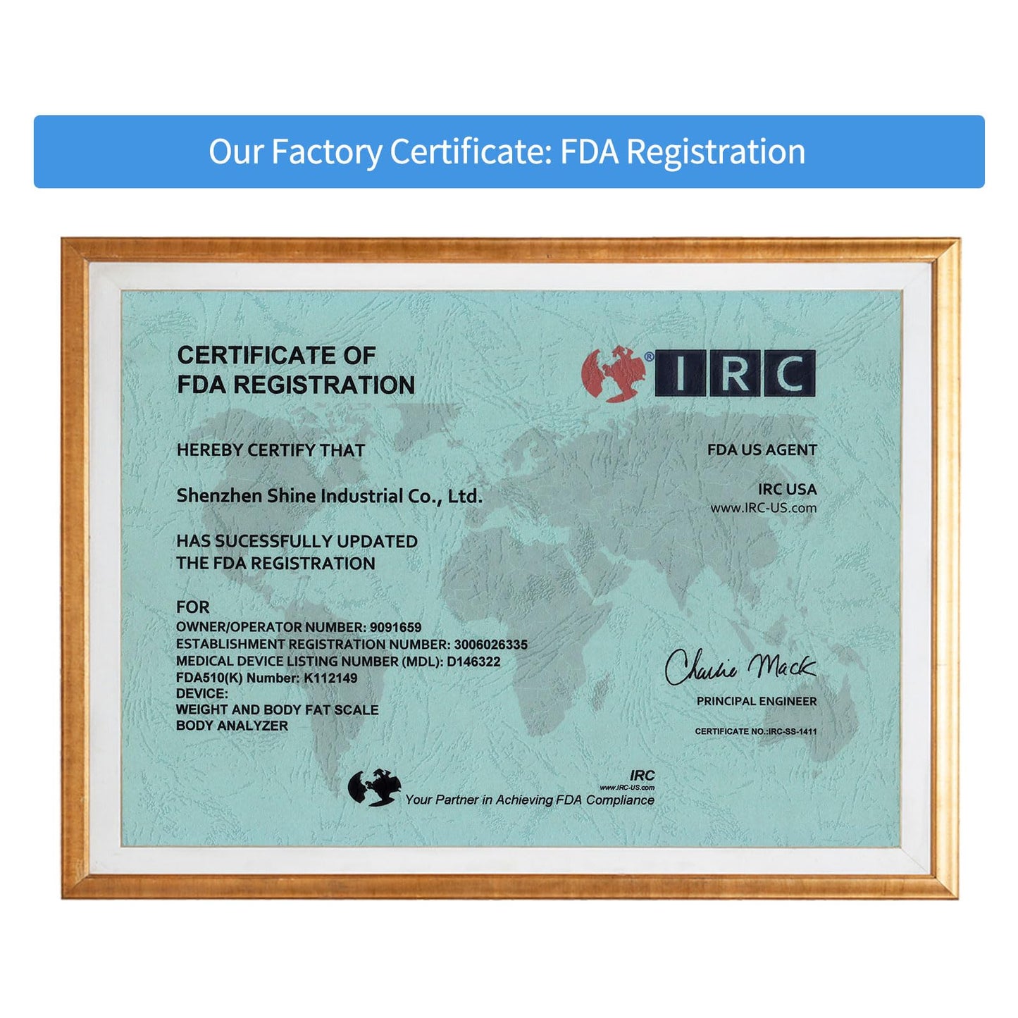 Certificate of FDA Registration with IRC logo on a world map background