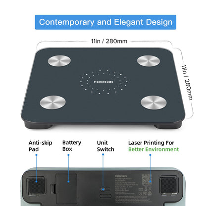 Black bathroom scale with measurements and features highlighted on a white background