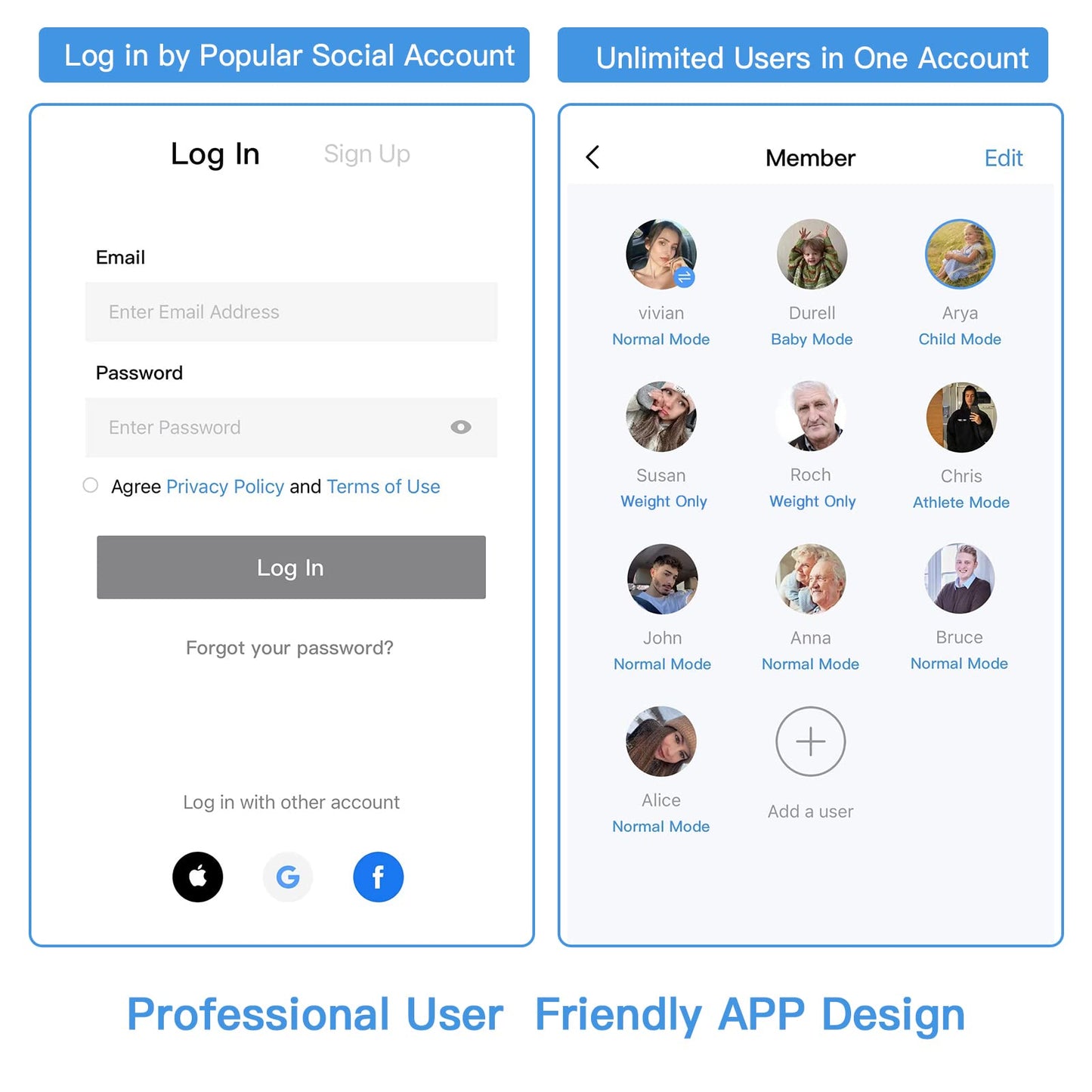User interface with login and account management features on a white background