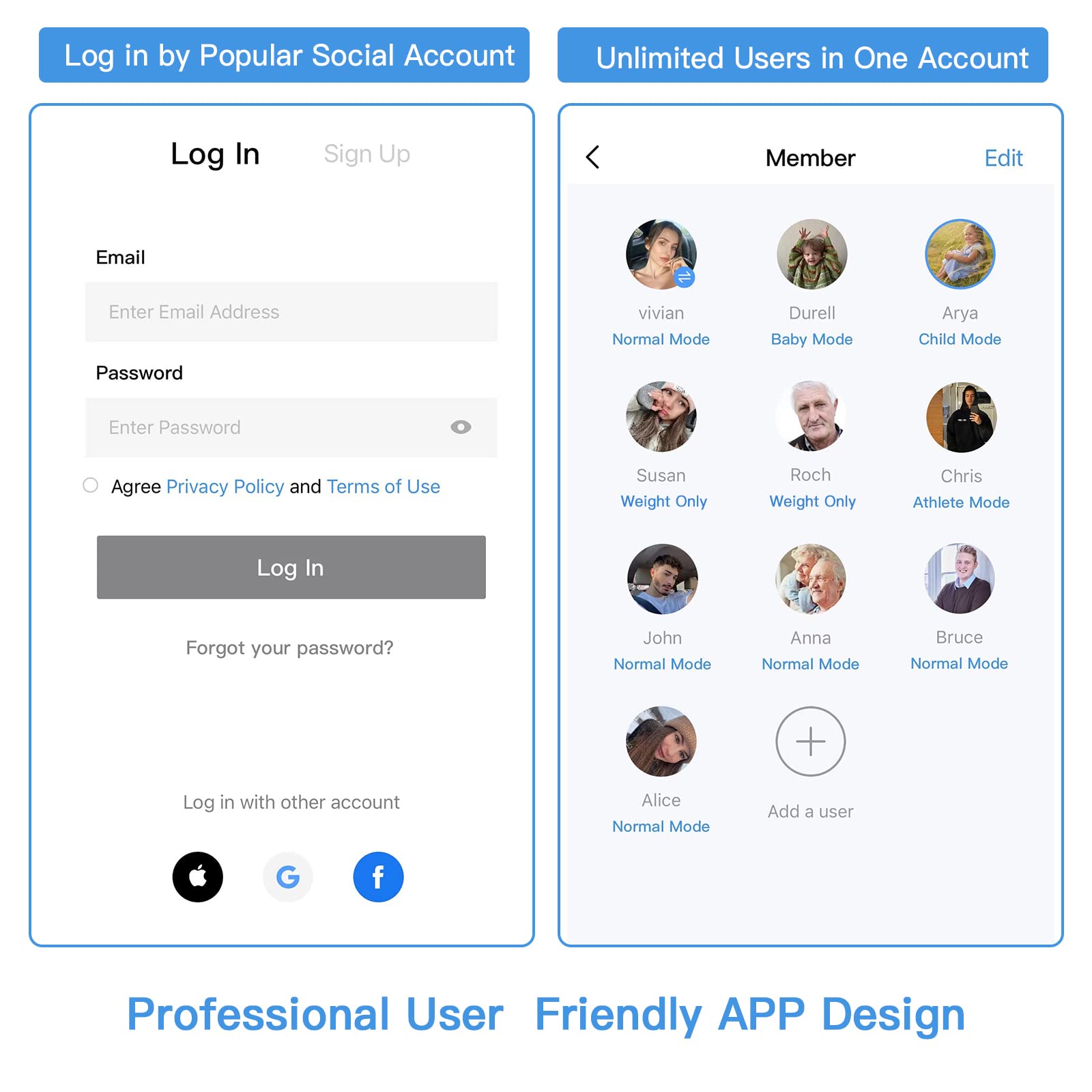 User interface with login and account management features on a white background