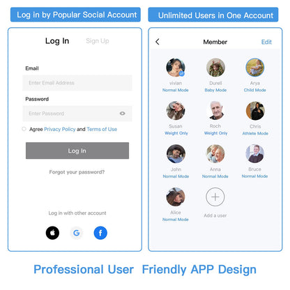 User interface with login and account management features on a white background