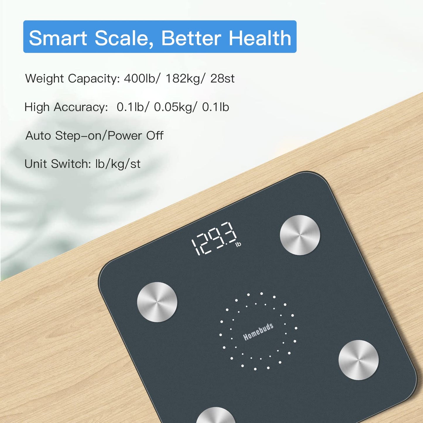 Smart scale on a wooden surface with product details above it
