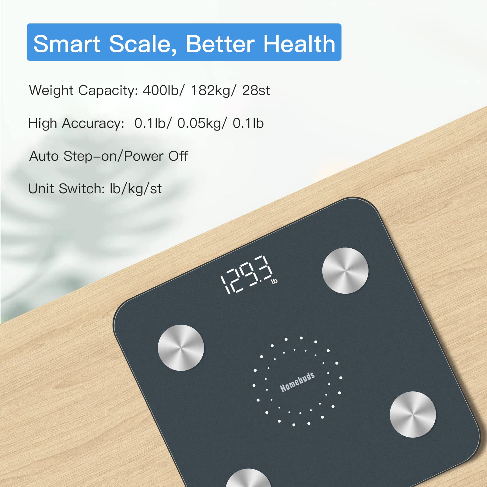Smart scale on a wooden surface with product details above it