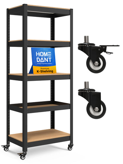 Black metal shelving unit with wooden shelves and caster wheels on a white background, featuring Home Dant branding.