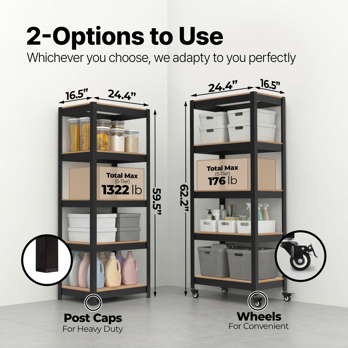 Two shelving units with dimensions and features highlighted on a white background