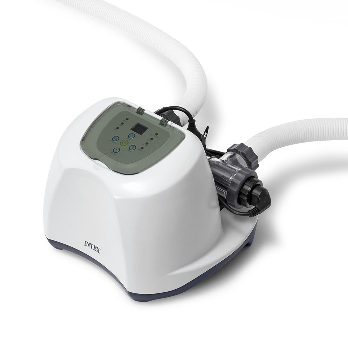 White electronic device with a hose on a white background, featuring the Intex brand for above ground pools