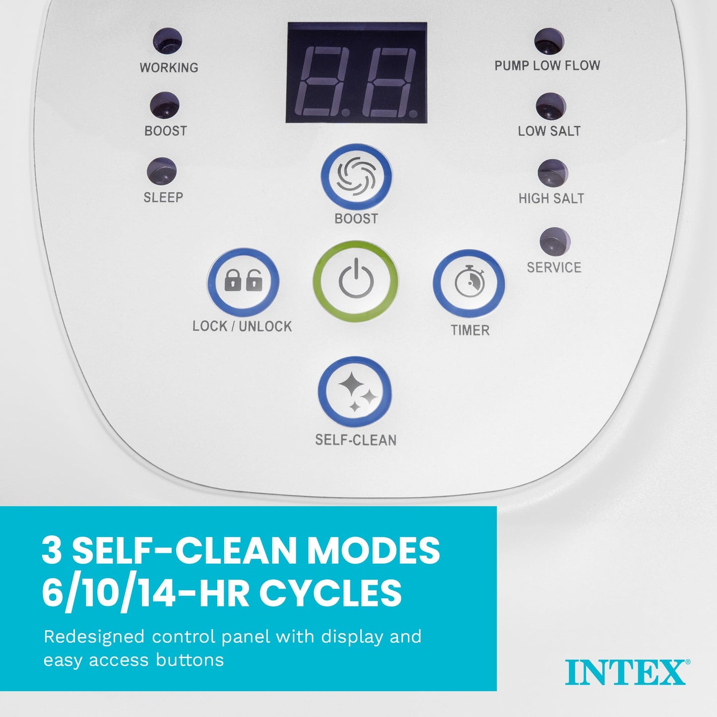 Control panel of a pool equipment with digital display and Intex branding showing 3 self-clean modes for 6, 10, or 14-hour cycles
