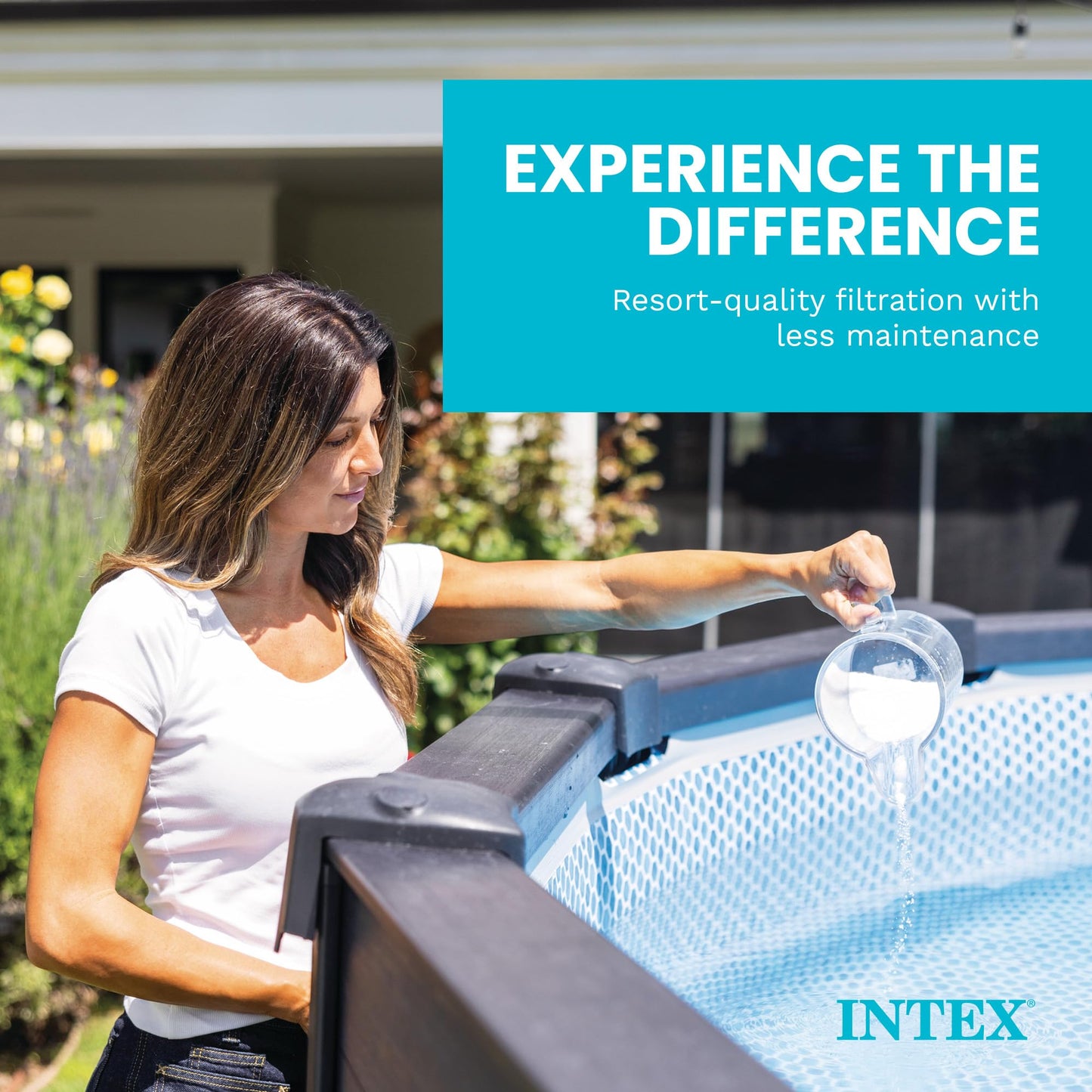 Woman adding water treatment near an above ground pool with text Experience the Difference and resort-quality filtration
