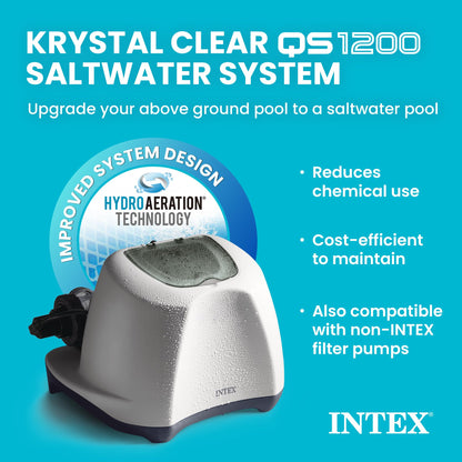 Intex Krystal Clear QS1200 saltwater system on a blue background highlighting features like HydroAeration technology and reduced chemical use