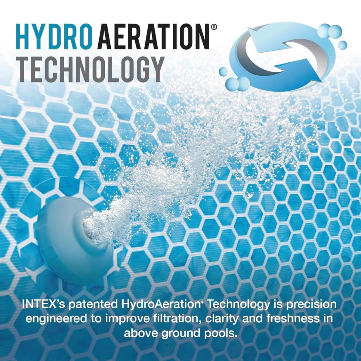 INTEX HydroAeration Technology advertisement with blue hexagonal pattern and water droplets illustrating improved filtration and clarity