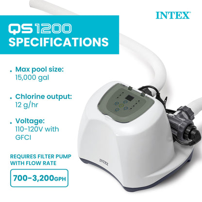 Intex Krystal Clear QS1200 saltwater system specifications showing pool size of 15000 gal, chlorine output of 12 g/hr, and pump flow requirements