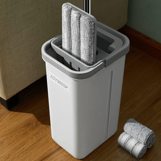 JOYMOOP hands-free flat mop and bucket set with 3 washable microfiber pads
