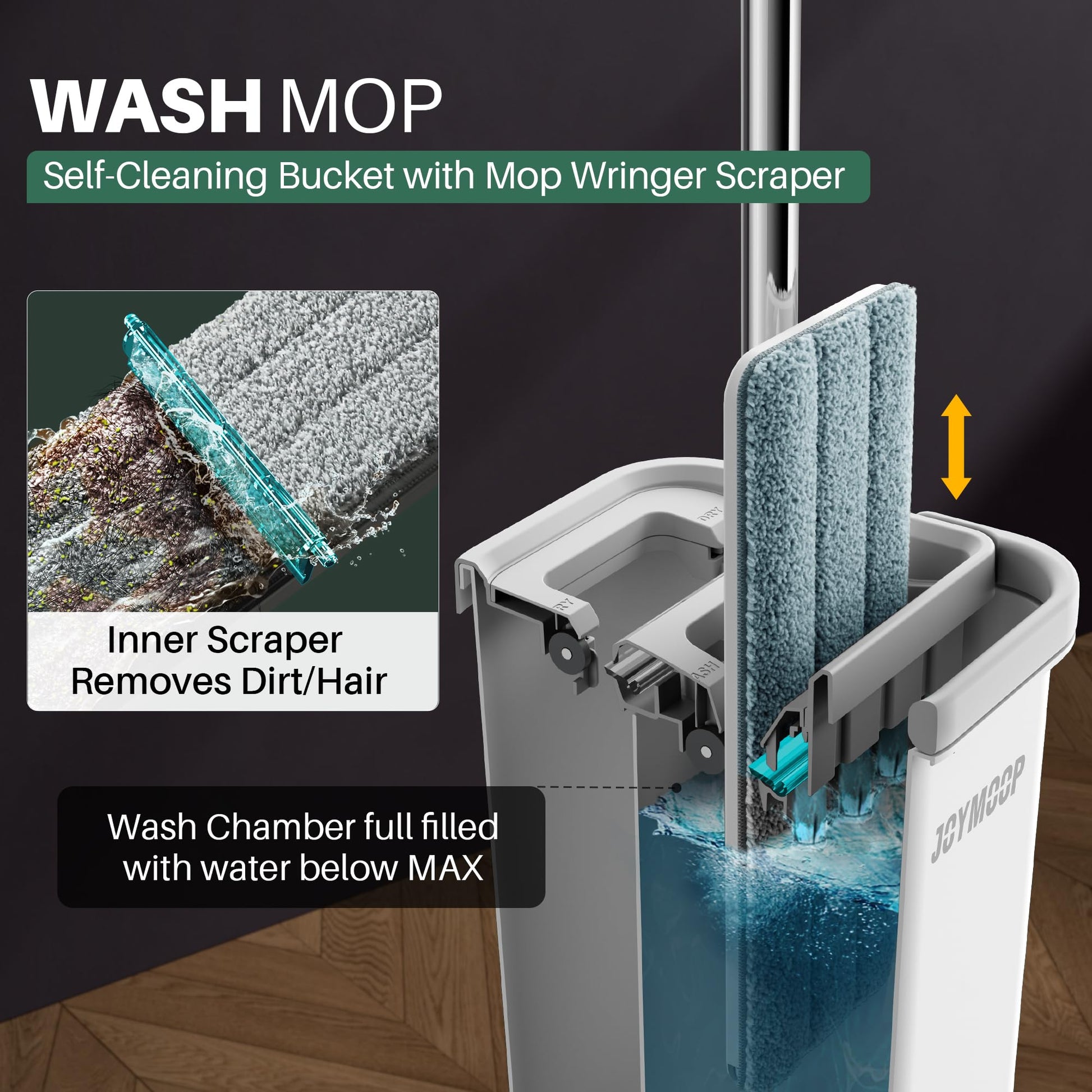 Close-up of JOYMOOP dual-chamber mop bucket wringer showing wash and dry scraper blades